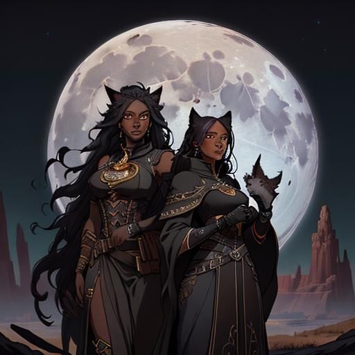 Line Art: Girl, Wolf, and Moon