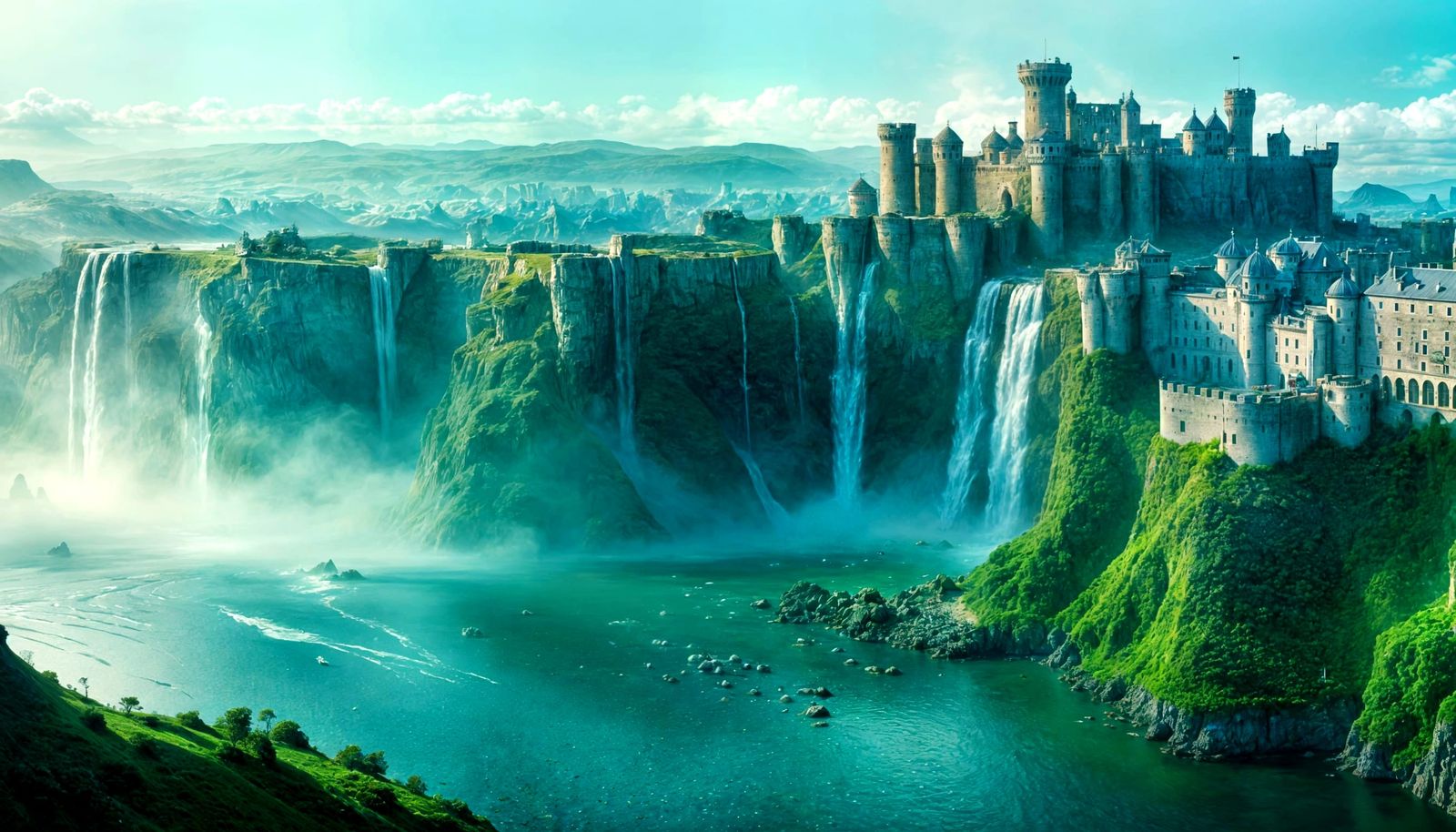 Epic Oceanic Metropolis with Castle and Waterfall