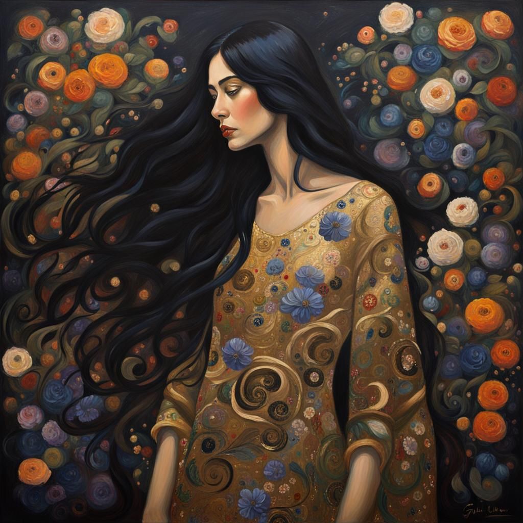 Elegant Woman in Floral Dress as Oil Painting
