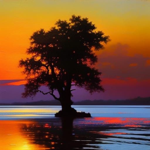Sunset Tree Water: Oil Painting Landscape
