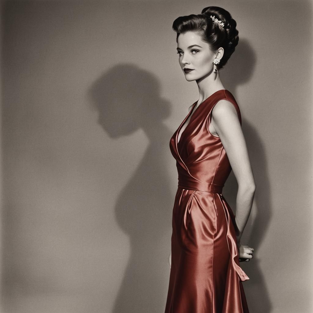 Glamorous Woman in Red Satin Gown, Hollywood Style