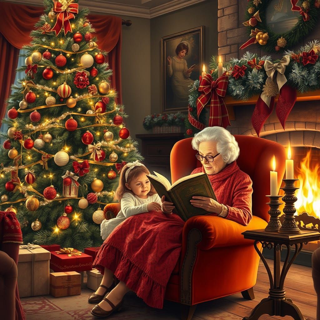 Cozy Grandma Christmas Scene: Oil Painting