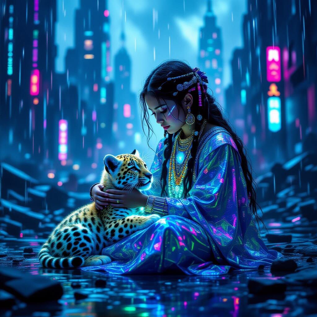 Cyberpunk Zuni Girl with Bioluminescent Jaguar Cub
