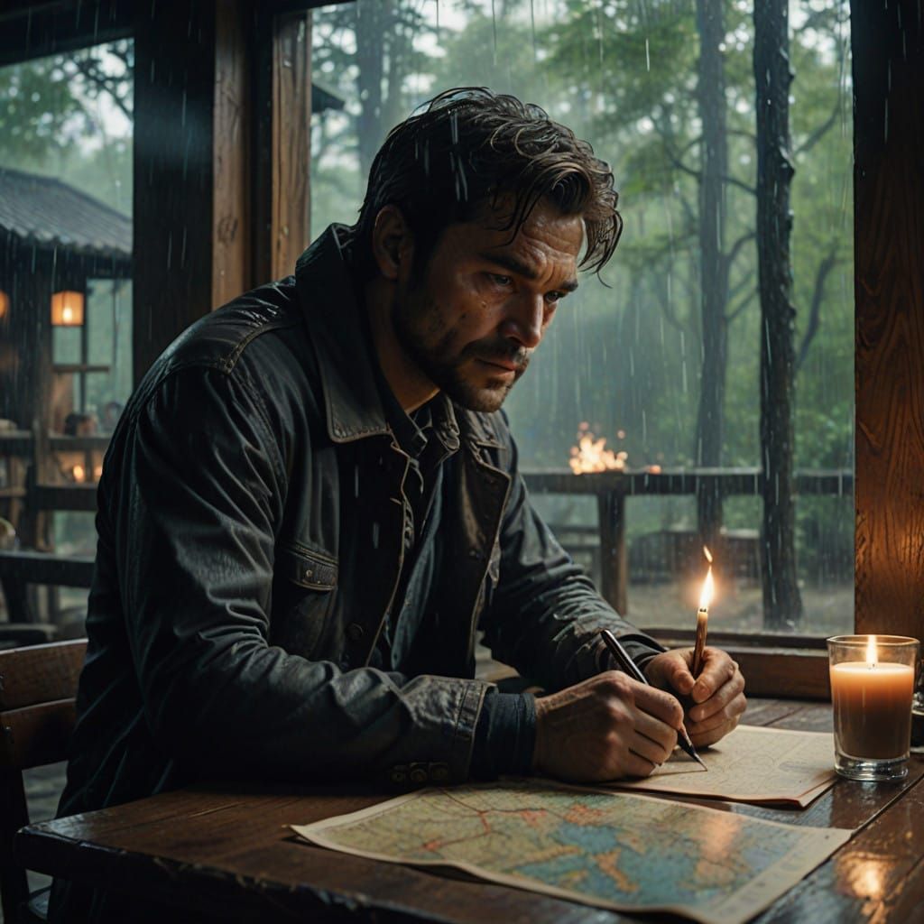 A Man Contemplates the World Amidst a Rainy Night