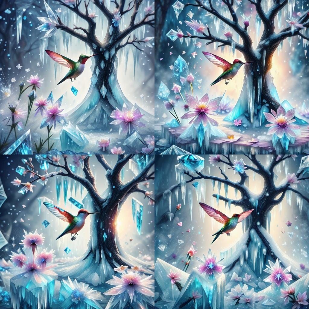 Hummingbird with Sparkling Ice Flowers in Fantasy Style