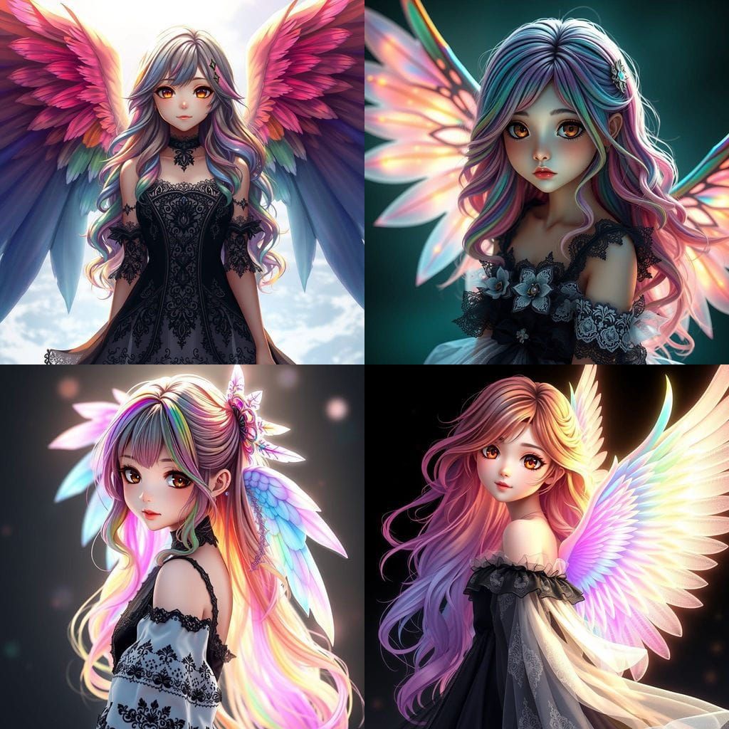 Ethereal Anime Goddess with Vibrant Wings and Rainbow Hair