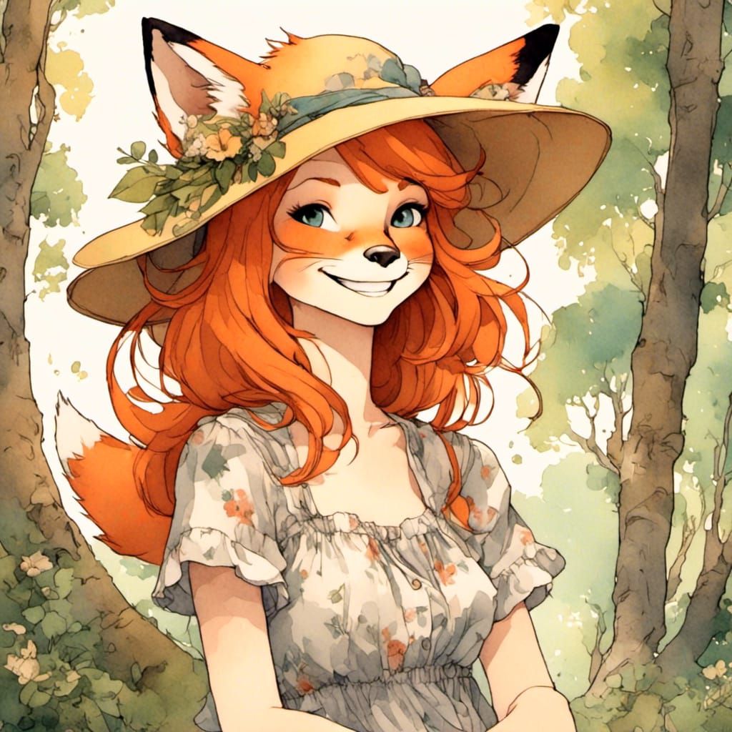Fox-girl VIXEN, fox-face smile! Large brim sun hat, sundress, large trees background