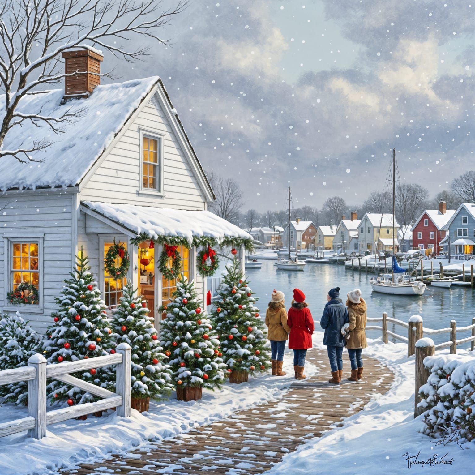 Nantucket Harbor Christmas Scene in Watercolor Style