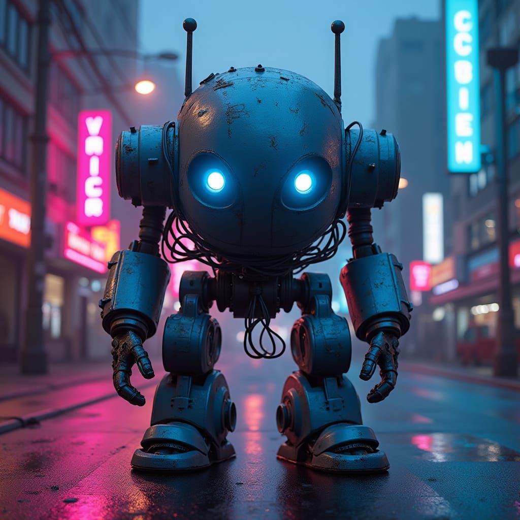 Vicious Robot in Dystopian Cityscape at Dusk