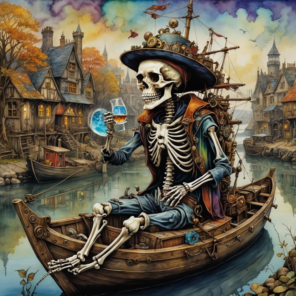 Steampunk Skeleton Relaxing in Riverside Skull Boat