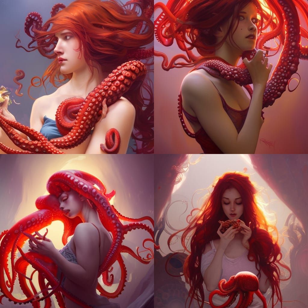 Octopus Hair Girl Eating: Hyperdetailed Digital Art