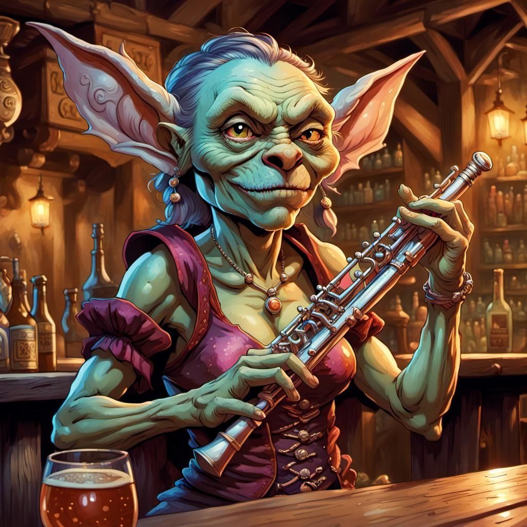 Goblin Bard with Flute in Comic Book Style