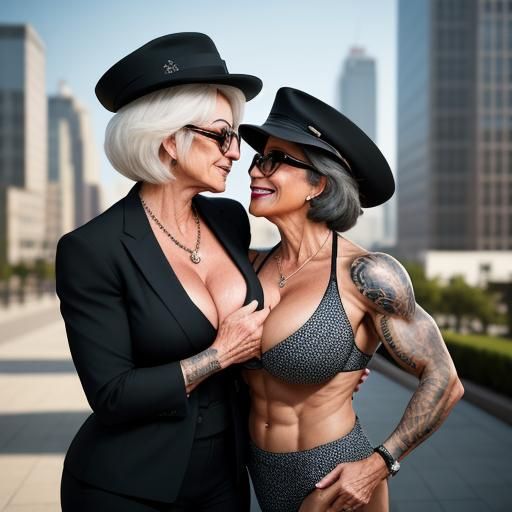 Two 60-Year-Old Bodybuilders Kissing in City