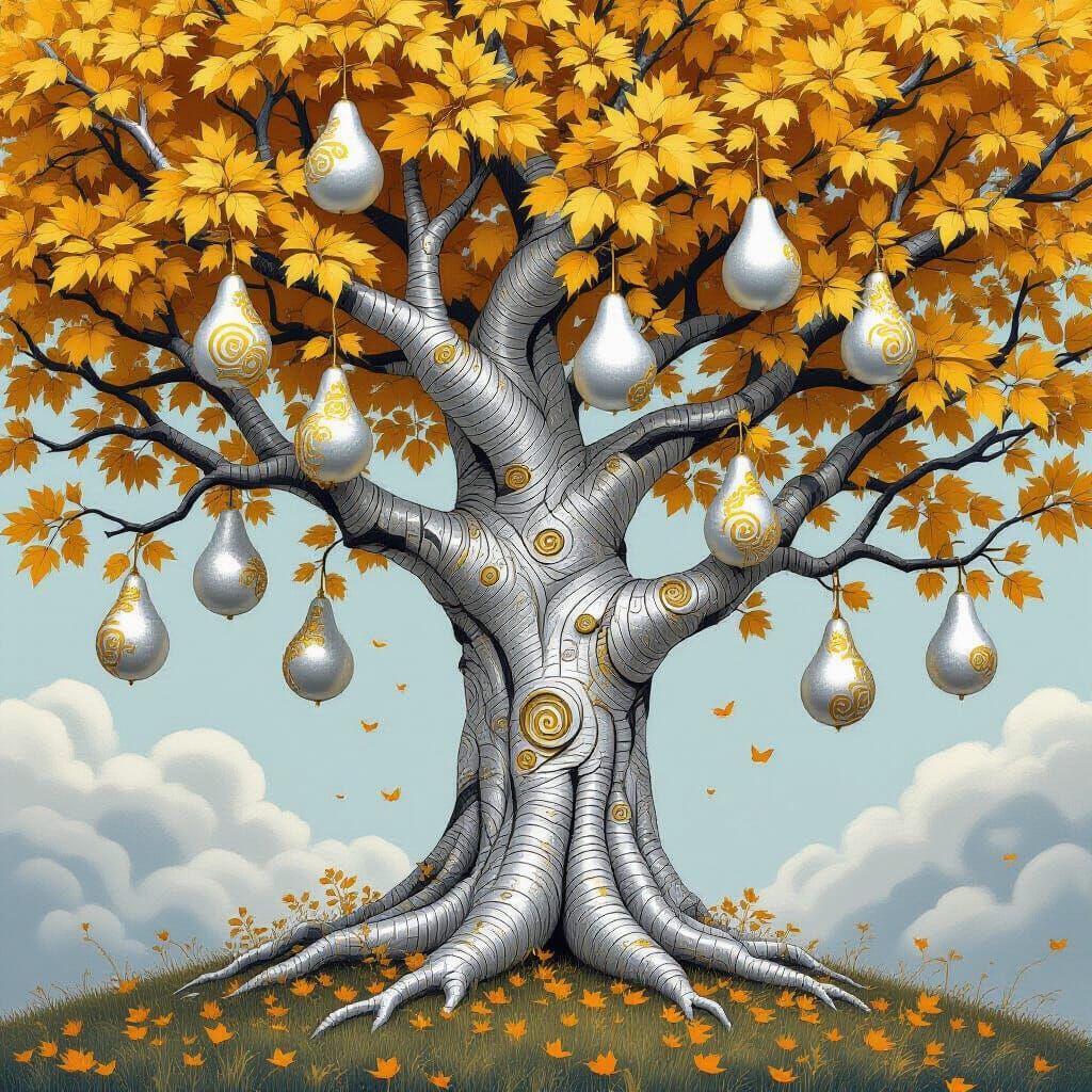 Golden Leaves and Silver Pears: Whimsical Fantasy Tree