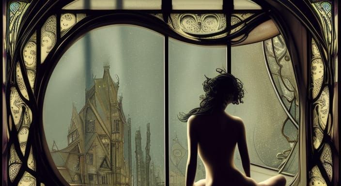 Woman in Art Nouveau Window, Hyperdetailed Lighting