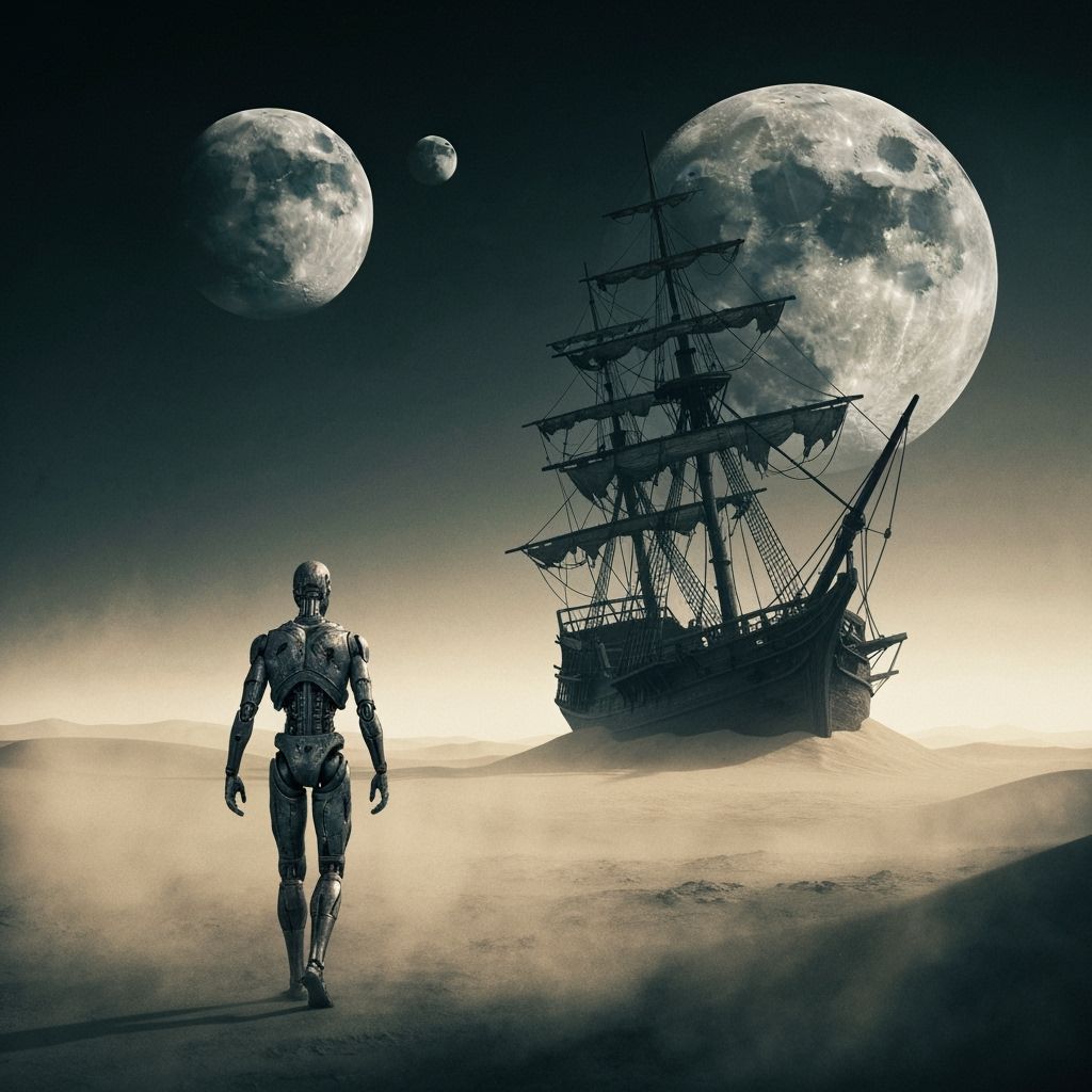 Android in Noir Desert with Twin Moons and Shipwreck