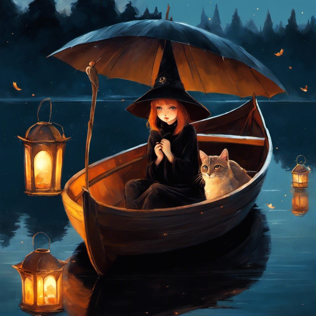 Gothic Witch on a Lake at Night
