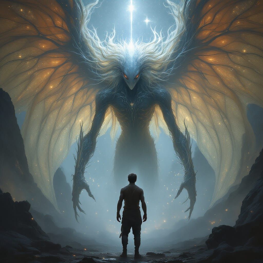 Man Before Majestic Fantasy Alien in Ethereal Light