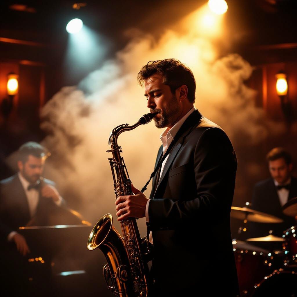 Saxophone Player in Smoky Jazz Club, Film Noir Style