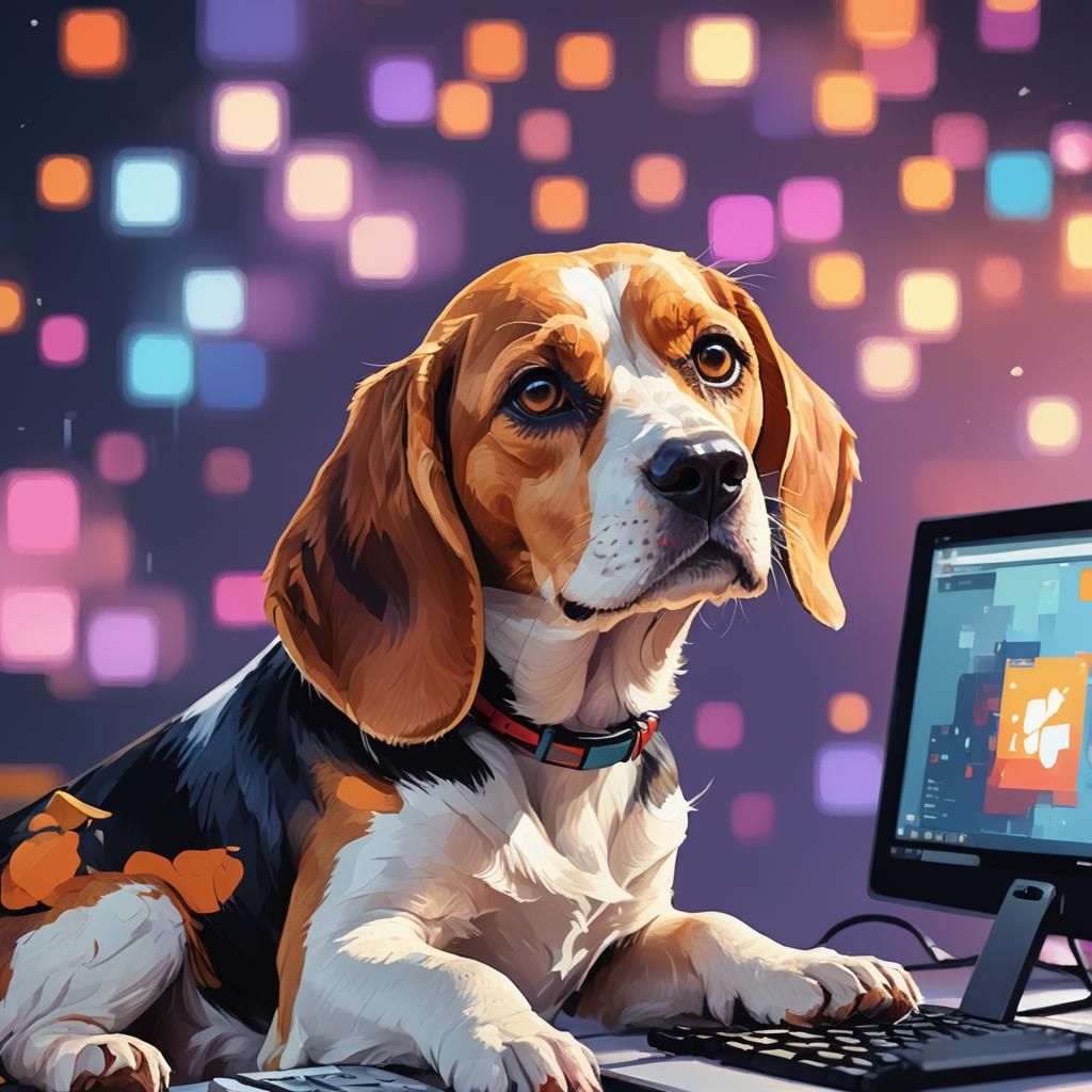 Beagle at Computer in Playful Digital Art Style