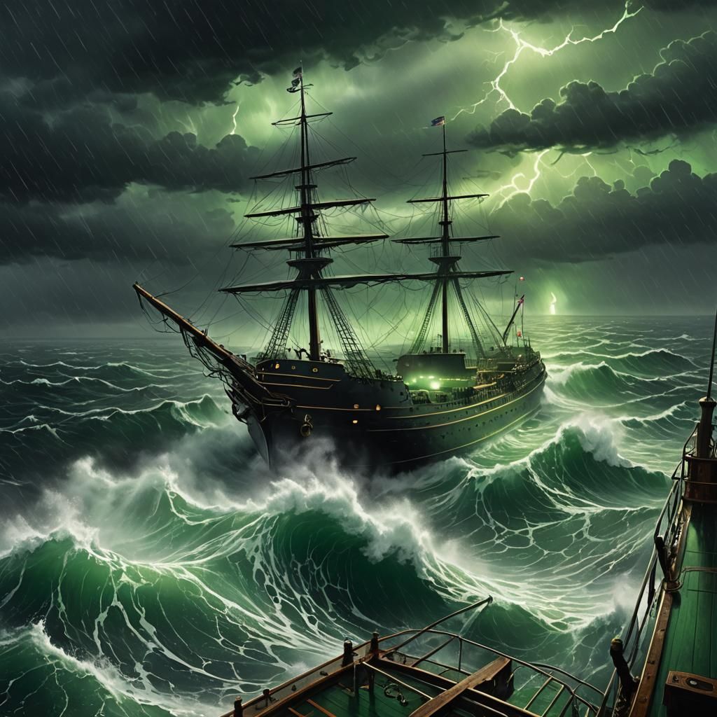 Ship Battles Stormy Seas in Eerie Green Light