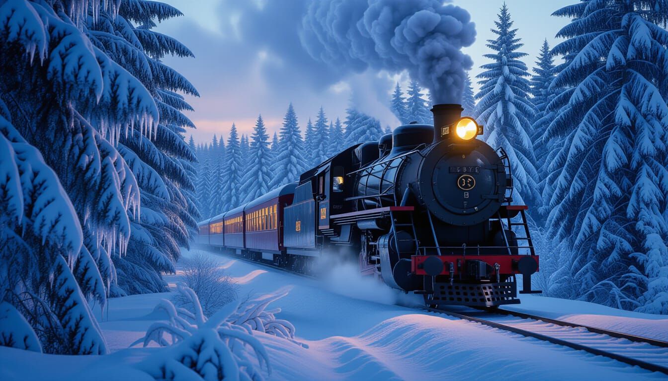 Vintage Steam Train in Snowy Forest at Twilight