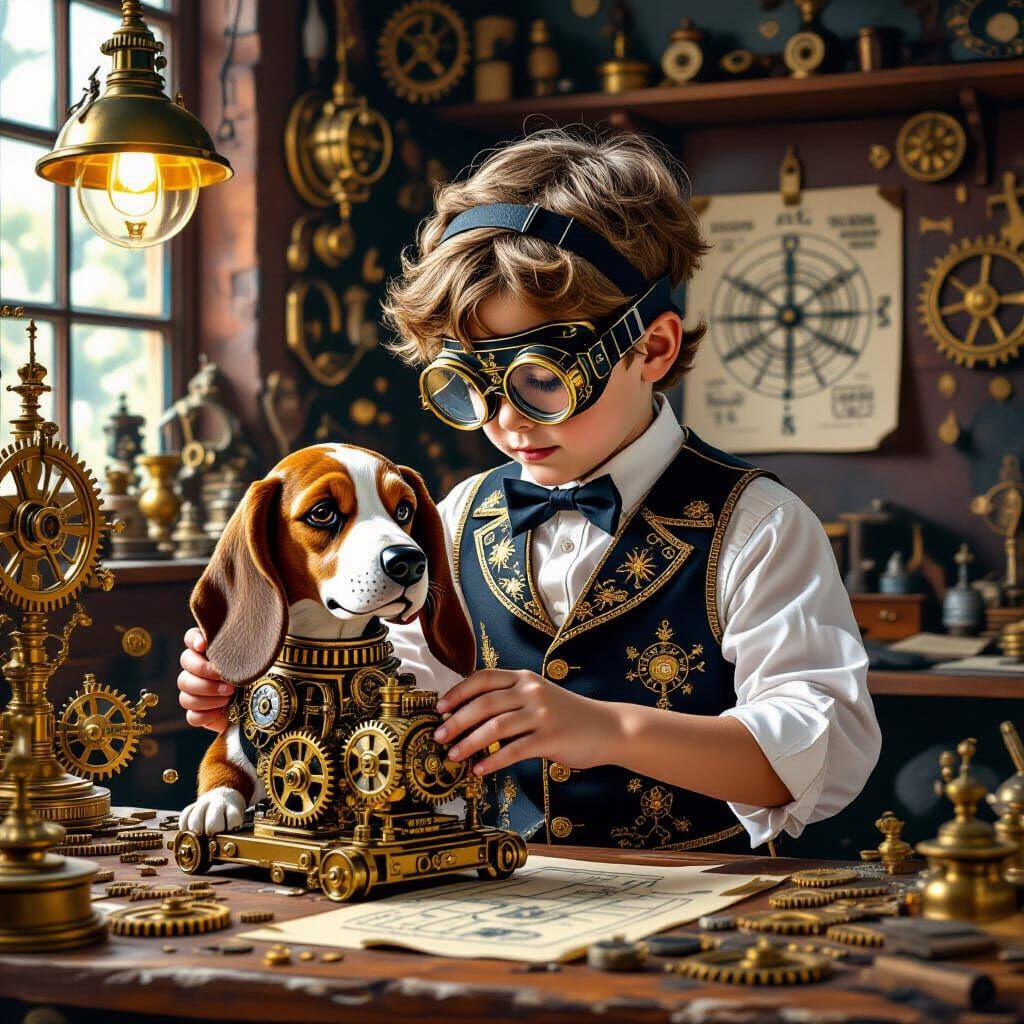 Boy Tinkering With Clockwork Basset Hound in Victorian Works...