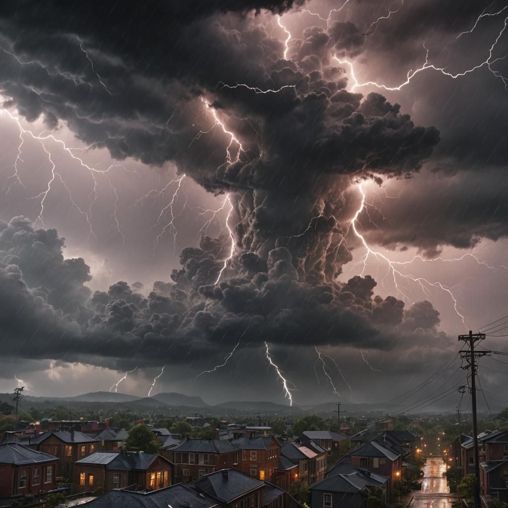 A gloomy rainy day with dark stormy clouds and bold lightning strikes