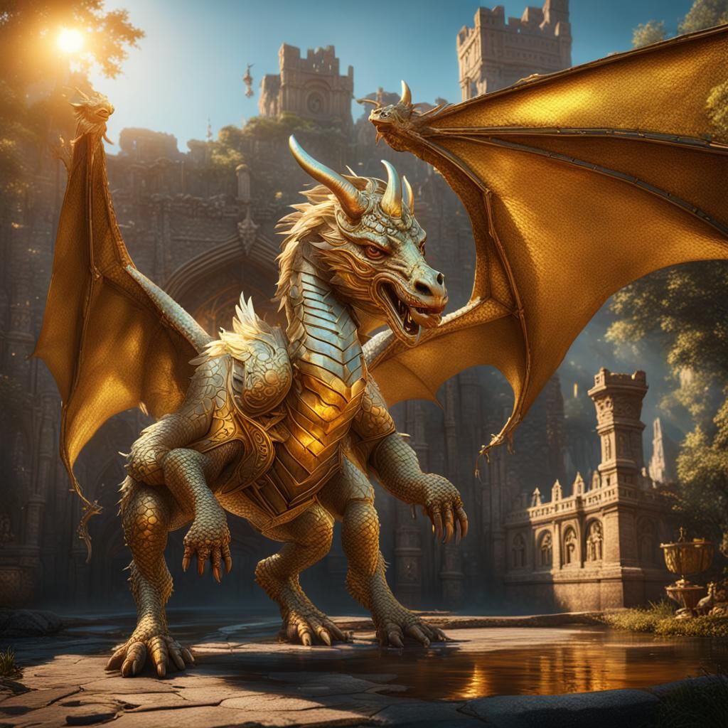 Golden Dragon with Sun Mane, Detailed Fantasy Art