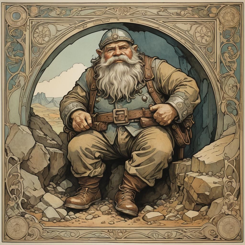 Dwarf Miner Underground in Art Nouveau Style
