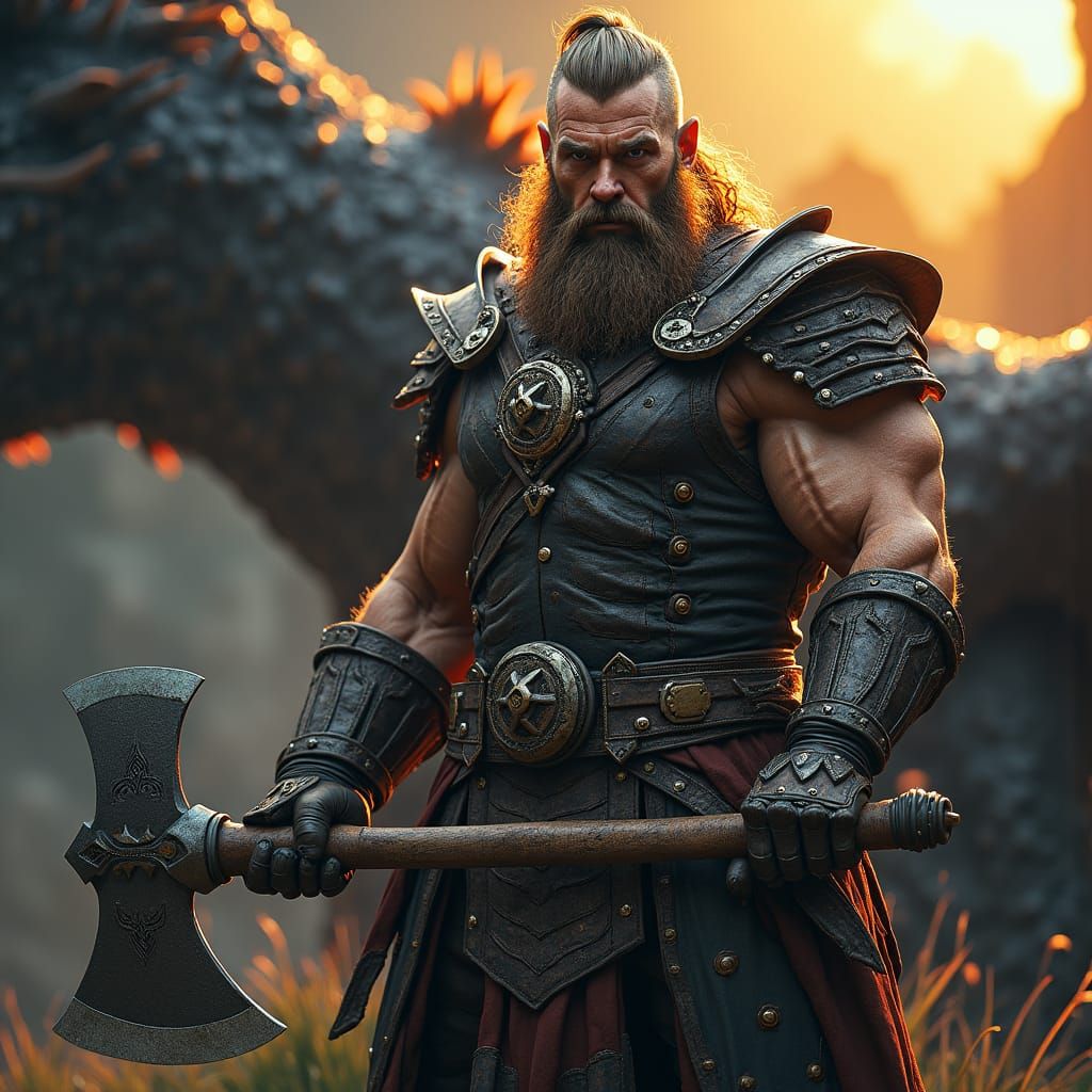 Barbarian Triumphant Over Dragon, Hyperdetailed Fantasy Art