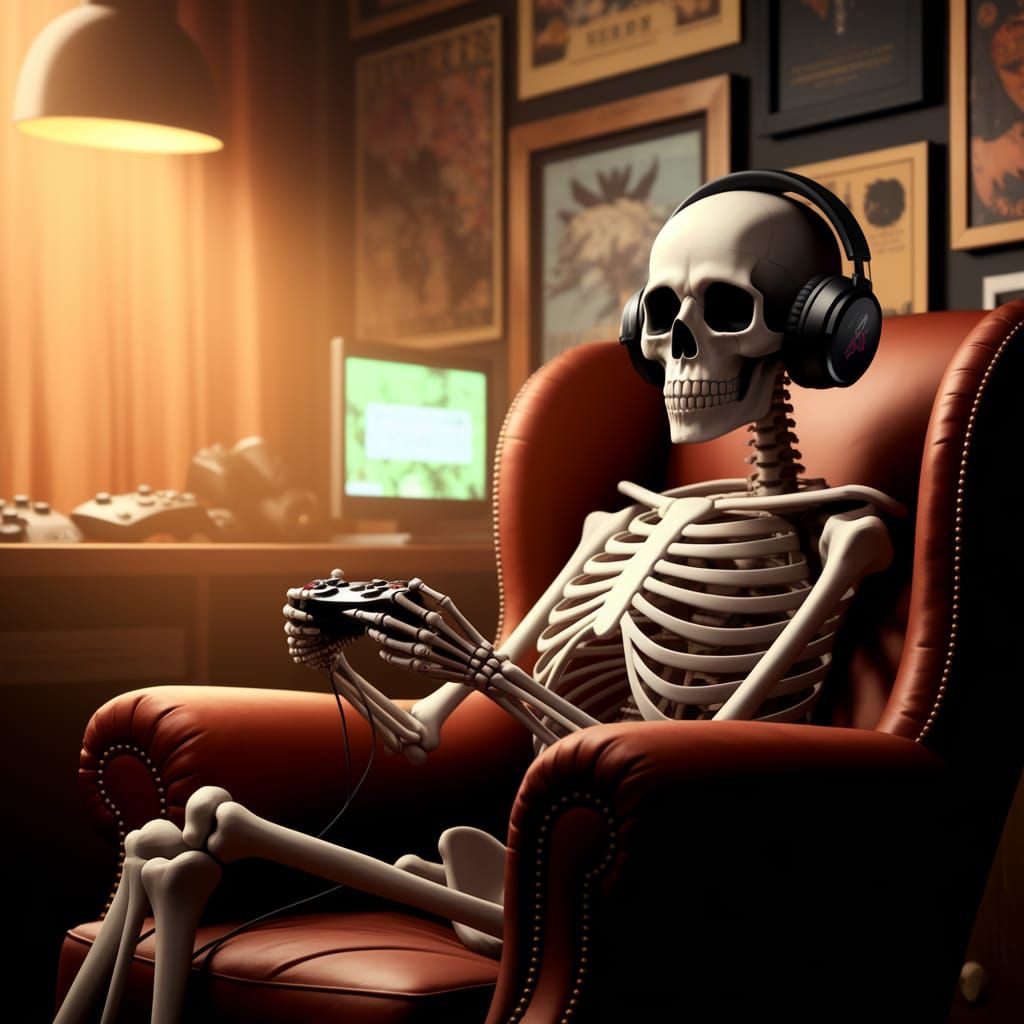 Cozy Gaming Skeleton in Vintage Video Game Paradise