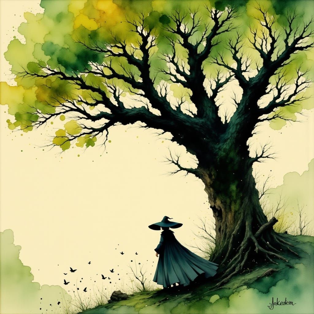 Gloomy Wizard Under Oak Tree, Ink and Watercolor Style