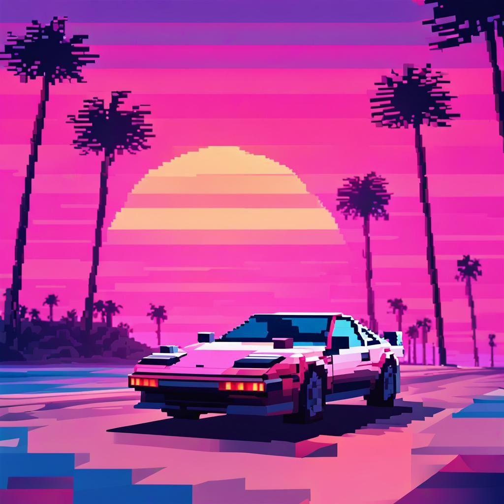 Retro Racer on Sunset Beach in Pixel Art