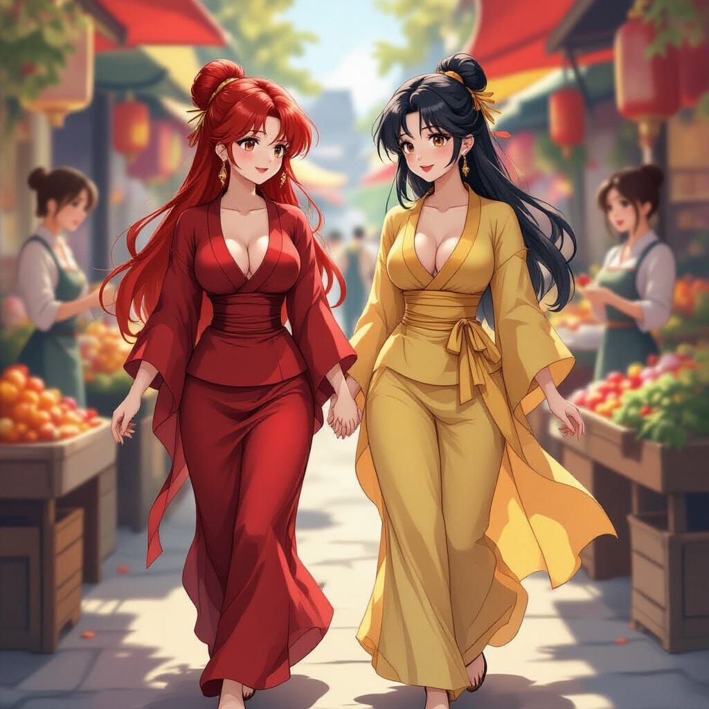 Anime Art Style: Fiery Red and Silky Black Hair in Bustling ...