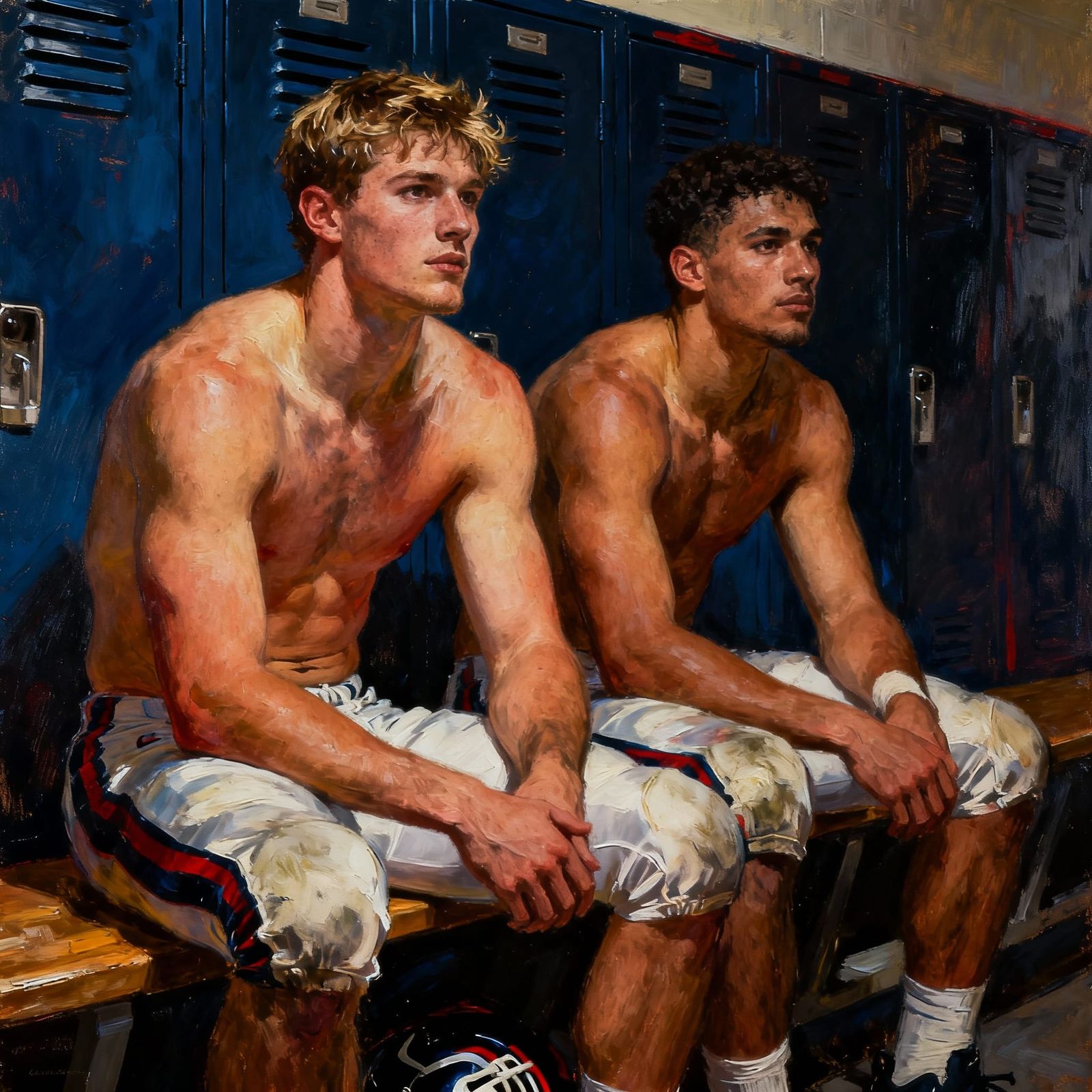 College Football Players Recovering in Locker Room