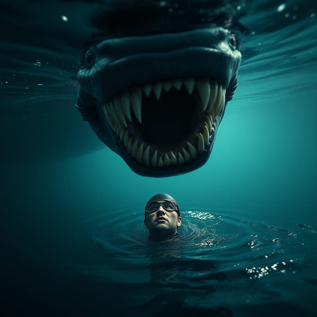 Surreal Underwater Nightmare of a Swimmer Confronting a Garg...