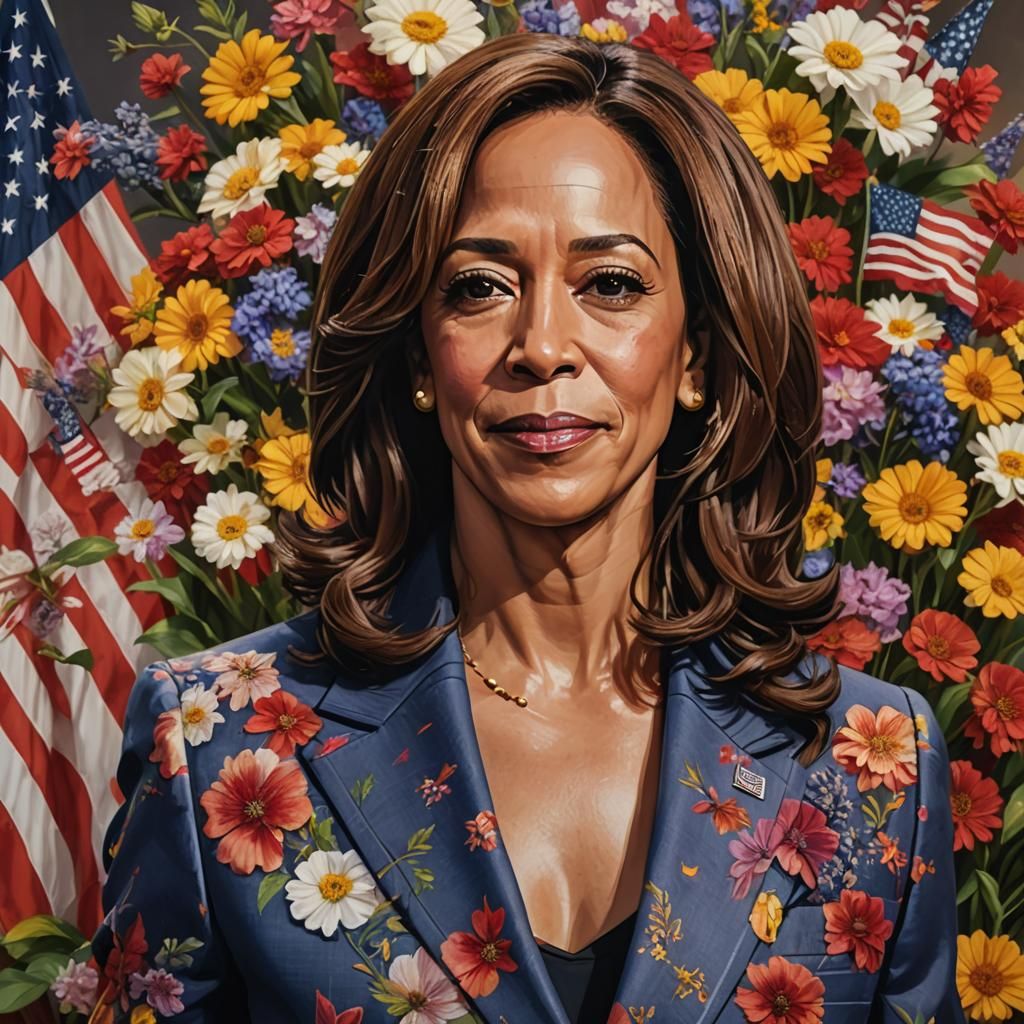 Hyperrealistic Portrait of Kamala Harris with Flags