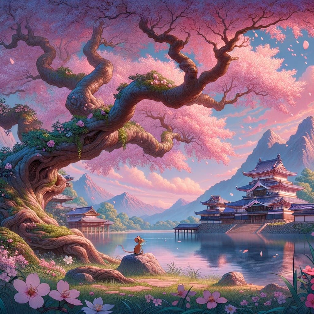 Sakura Tree Scene as Early 20th-Century Animation