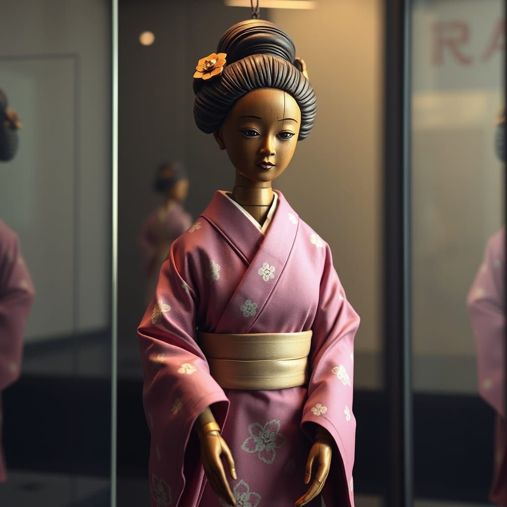 12th Century Japanese Geisha Puppet in Elegant Pink Kimono