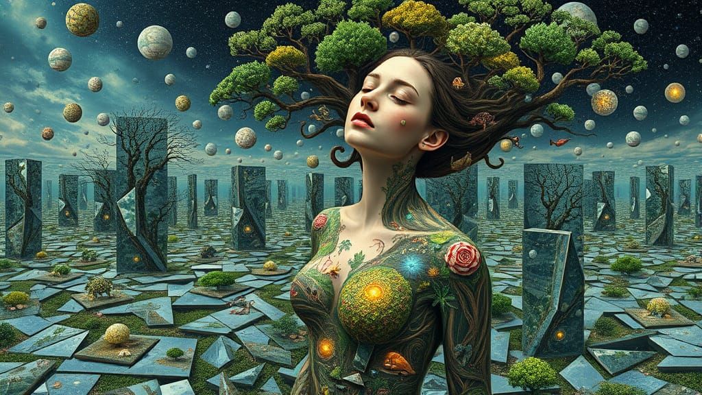 Surreal Bio-Art Goddess in Whimsical Ecosystems Landscape
