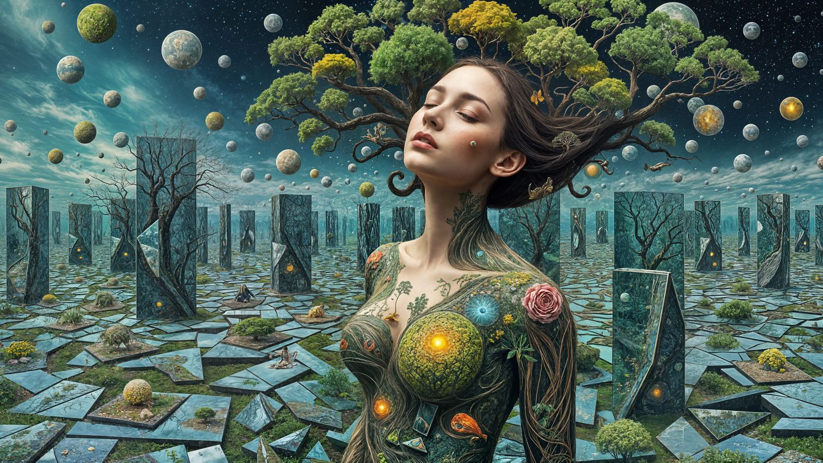 Surreal Bio-Art Landscape Woman in Meditative Harmony
