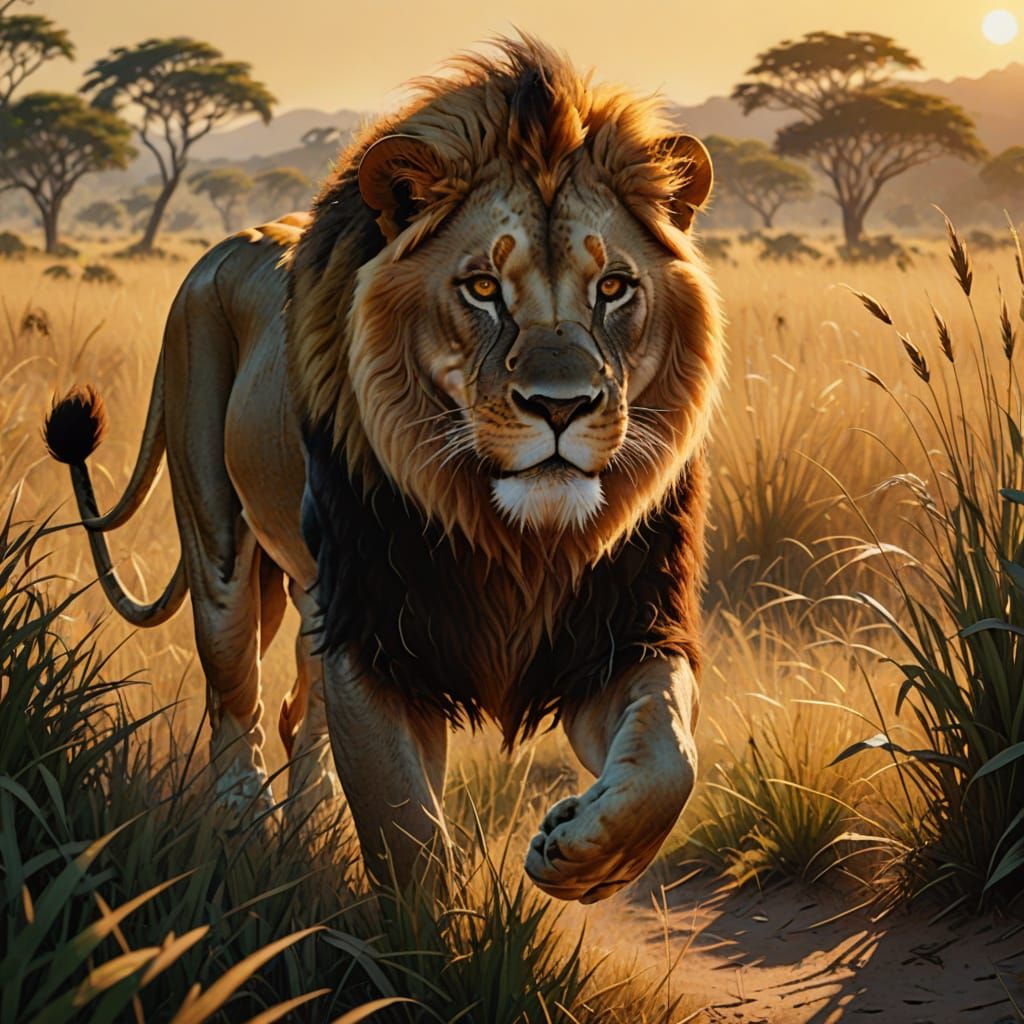 Lion Stalking Savannah Grass at Golden Hour