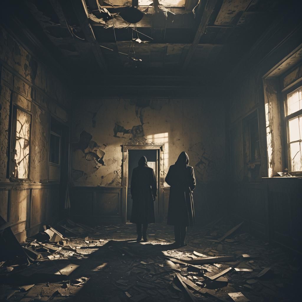 Eerie Figure in Dark Surrealist Abandoned Room