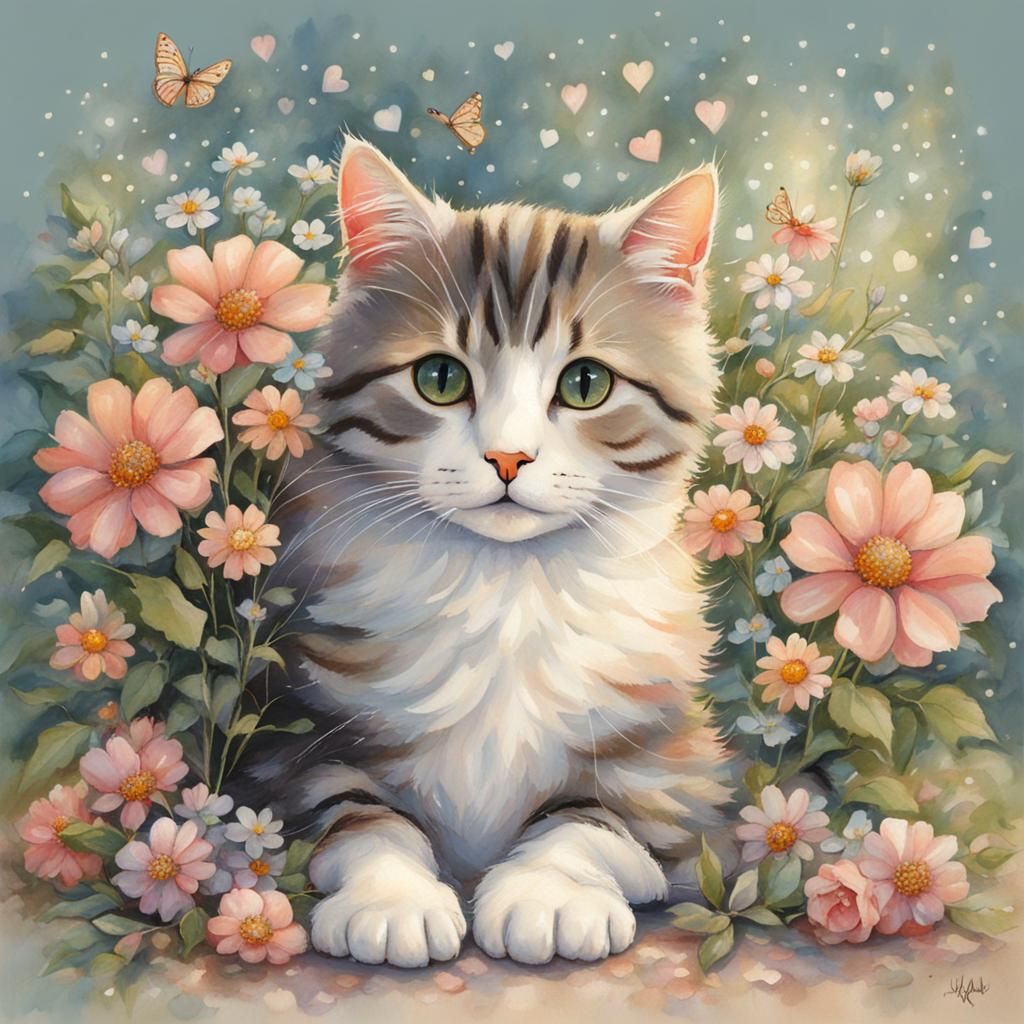 Cute Cat Surrounded by Flowers in Watercolor Style