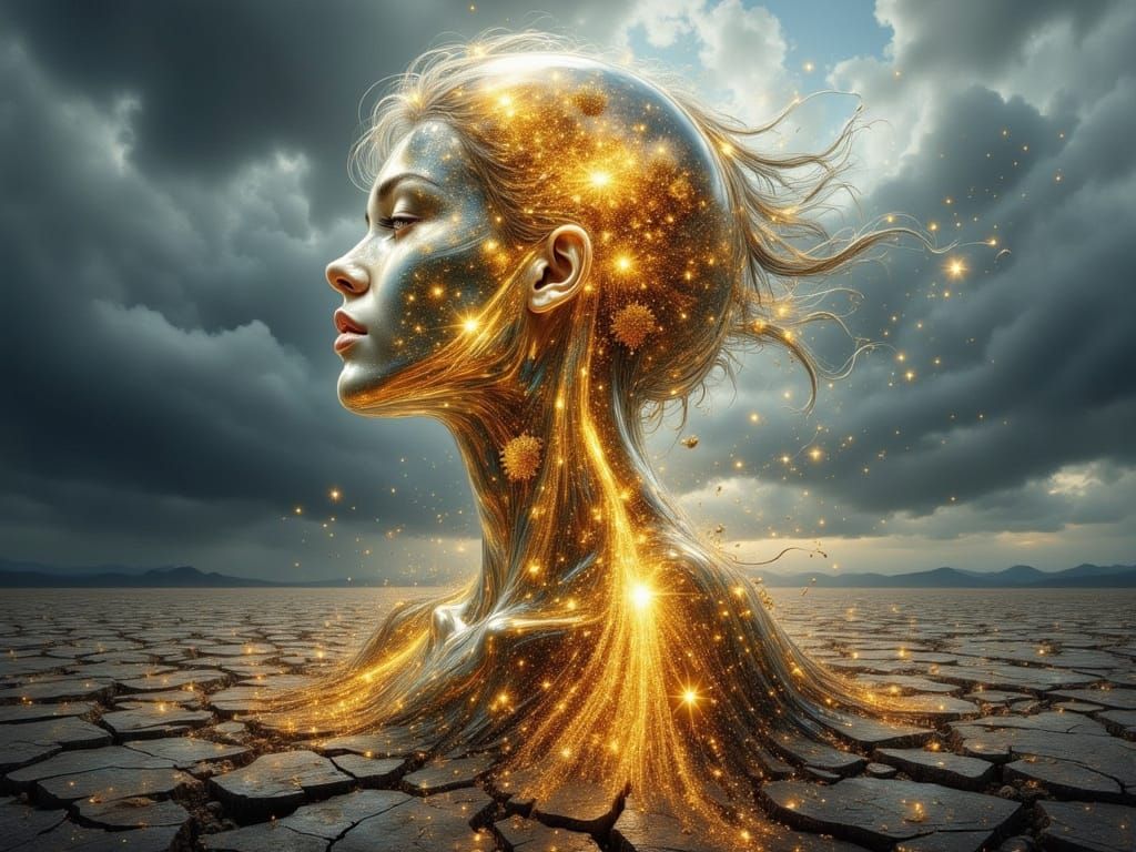 Glass Woman Emerges From Cracked Earth Under Stormy Sky