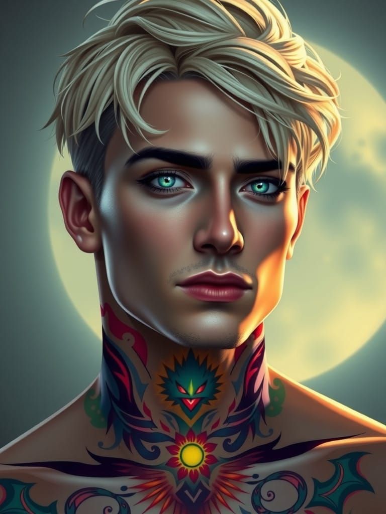 Angular Androgynous Man with Tribal Neck Tattoos in Ethereal...