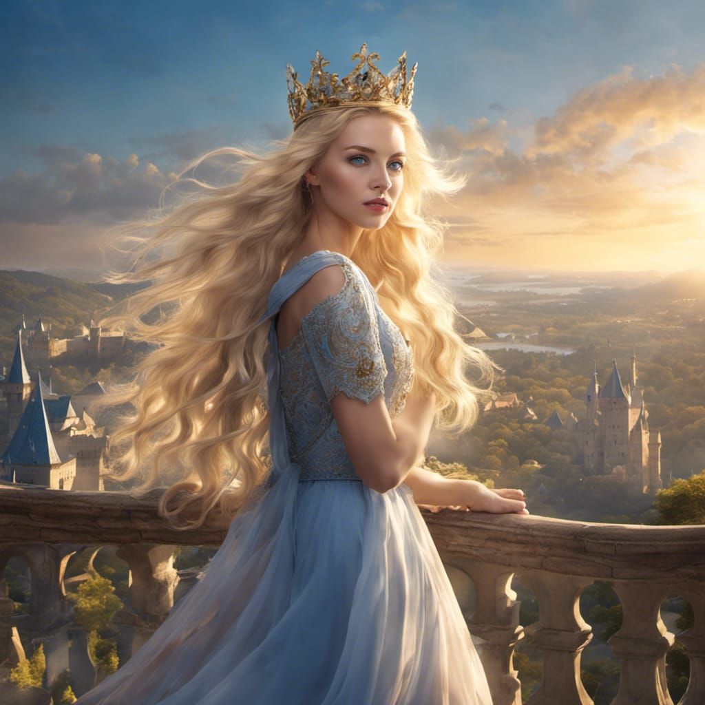 Blond Princess Overlooks Mystical City at Sunrise