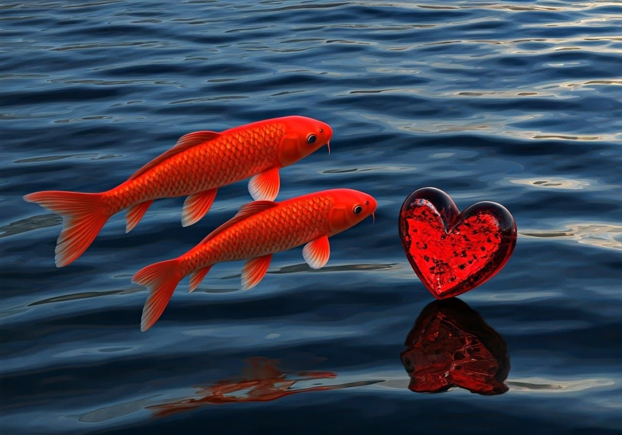 Vibrant Red Koi Fish in Sunlit Water with Shimmering Reflect...