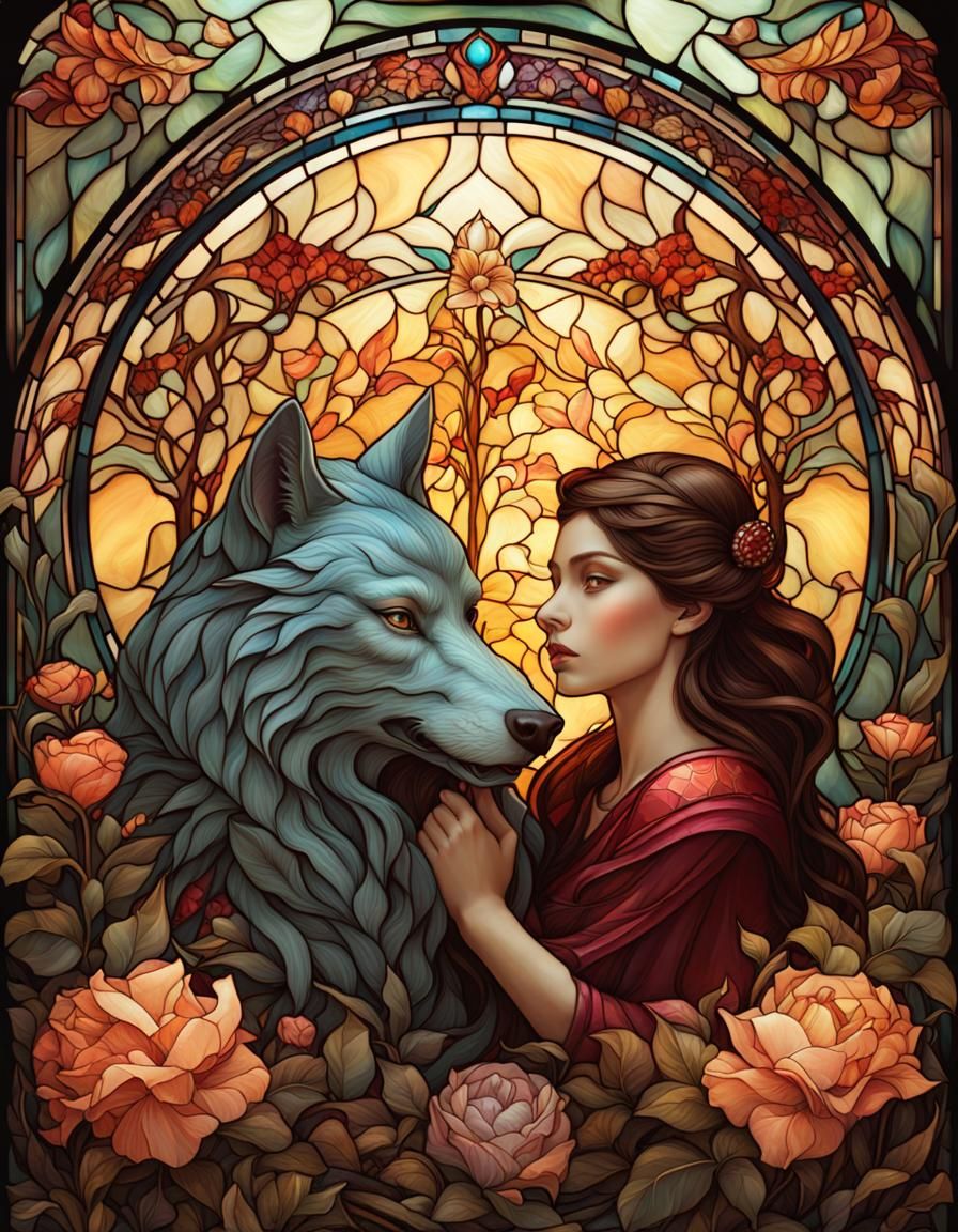 Princess and Werewolf in Art Nouveau Stained Glass